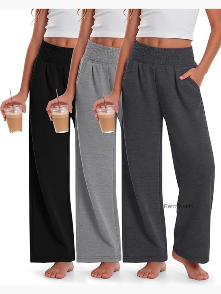 Girls Flowy Wide Leg Pants 3-Pack Elastic Waist Lightweight Casual Uniform